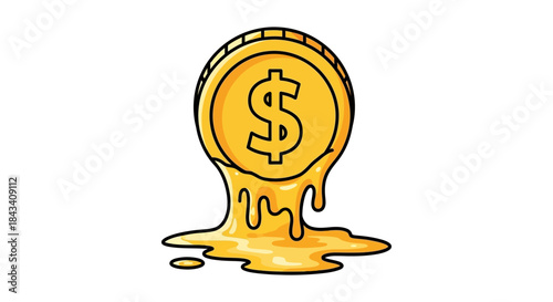 melting dollar coin dripping into puddle of liquid gold on white background symbolizing inflation financial crisis and money loss