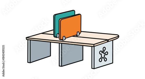 modern shared office desk illustration with colorful privacy screens and workstation divider ideal for coworking space design concepts