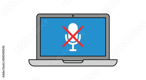 muted microphone icon on laptop screen illustrating disabled audio input and privacy protection during online meeting or remote work