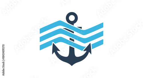 nautical anchor logo with blue ocean waves modern marine emblem for shipping company sailing club marina branding and tourism