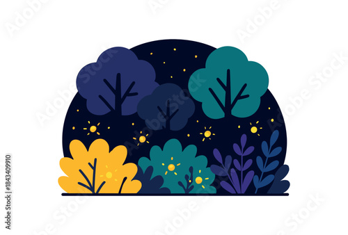 Flat vector illustration of colorful night forest with fireflies glowing around bushes rounded shapes clean outline clean white background