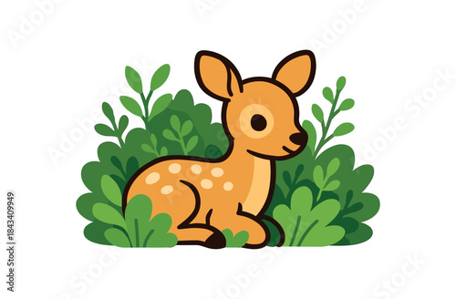 Flat vector illustration of bright baby deer (fawn) hiding spring shrubs rounded shapes clean outline clean white background