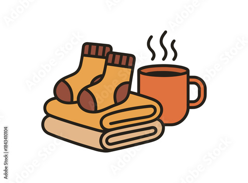 Flat vector illustration of cozy socks and blanket beside steaming mug rounded shapes clean outline clean white background
