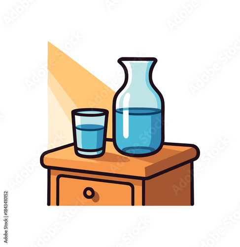 Flat vector illustration of water carafe and glass on nightstand with sunlight rounded shapes clean outline clean white background