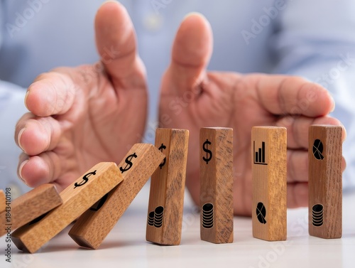 Domino Effect Illustrating Financial Instability and Risk