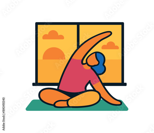 Flat vector illustration of colorful person doing gentle yoga stretch at sunset near window rounded figure clean outline clean white background
