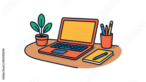 Flat vector illustration of bright cozy home office desk with vivid laptop notebook pen cup and small plant rounded shapes clean outline clean white background