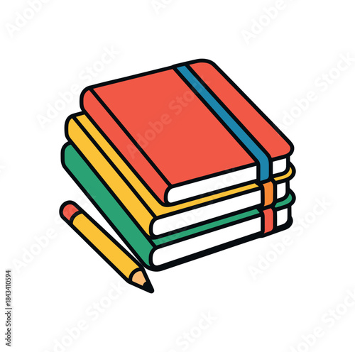 Flat vector illustration of bright stack of sketchbooks with vivid elastic bands and pencil rounded shapes clean outline clean white background
