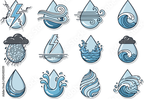 Water Element Icons Drops, Waves, Storms, and Wind
