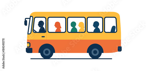Flat vector illustration of colorful city bus with passengers visible as simple silhouettes rounded shapes clean outline clean white background