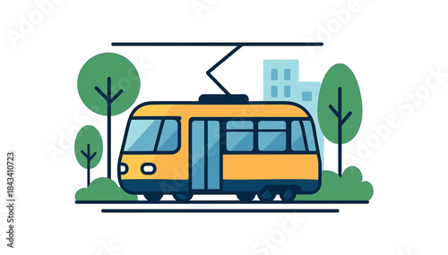 Flat vector illustration of bright modern tram gliding along tracks with trees and buildings rounded shapes clean outline clean white background