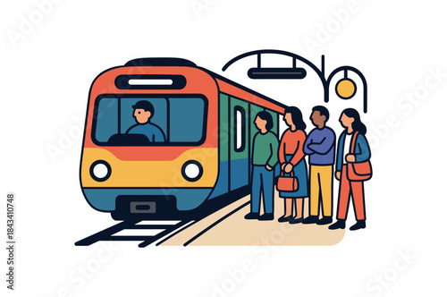 Flat vector illustration of colorful train arriving at platform with people waiting rounded shapes clean outline clean white background