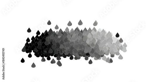Abstract gradient pattern of dark to light grey water drops or teardrop shapes. Monochrome graphic background element.