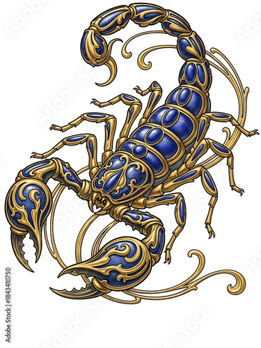 Decorative blue and gold scorpion illustration with ornate details  
