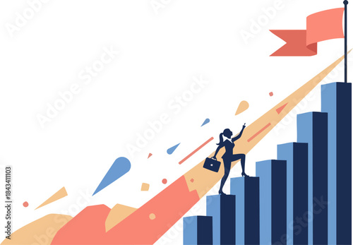 Businesswoman climbing a bar graph towards a flag symbolizing career growth and success.
