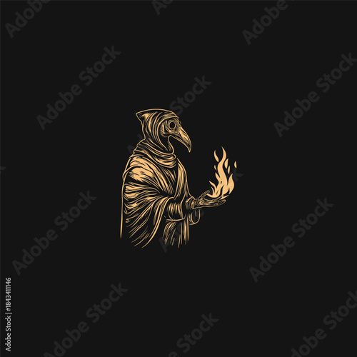 Vintage plague doctor holding a red flame torch in woodcut engraving style isolated on black background