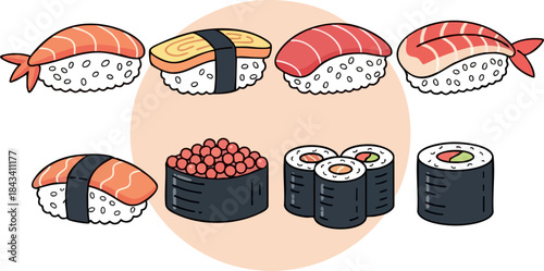 Delicious Assortment of HandDrawn Sushi and Maki Rolls.