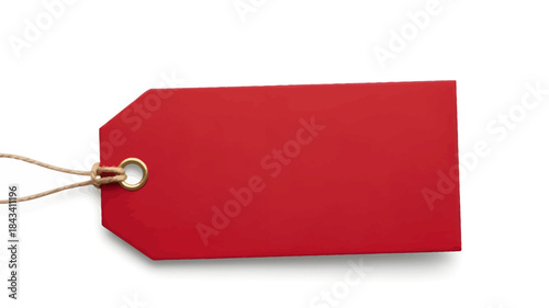 Red gift and price tag hanging on string isolated on white background