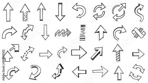 Hand drawn black arrow icon set with up down forward and pointer symbols for web and design
