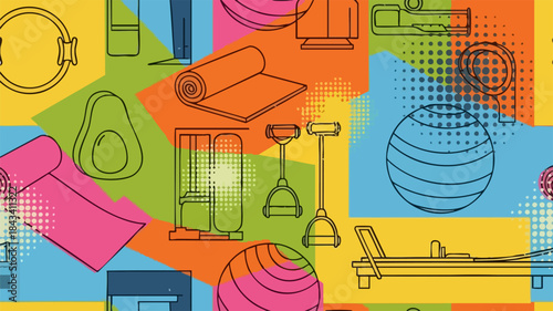 Pilates and Yoga Equipment Seamless Pattern for Fitness and Wellness.