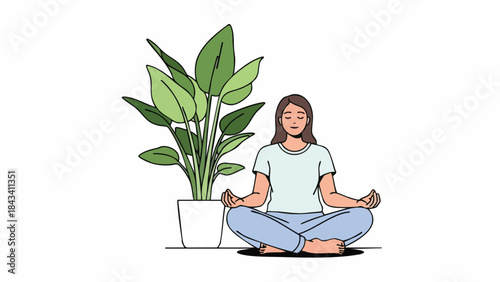 A serene woman sits cross-legged in a meditative pose beside a potted plant with large green leaves on a clean white background.
