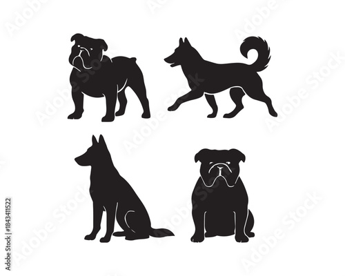 Bulldog silhouettes, Husky, German Shepher silhouettes, owner holding a leash, owner jogging with Husky, Husky jumping, playfull Bulldog vector illustration set collection, bulldog silhouette, husky