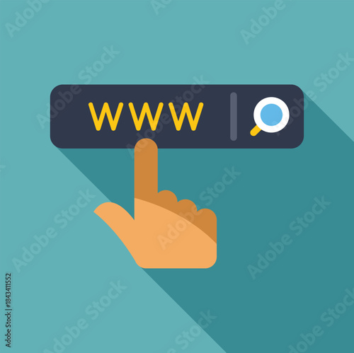 Pointing finger interacting with a search bar on a teal background