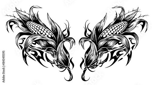 Monochrome decorative corn cobs with stylized leaves and intricate tribal pattern illustration, black and white symmetrical design