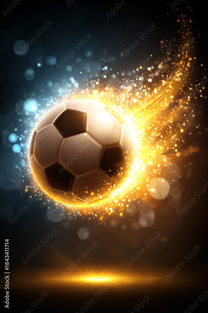 Naklejka premium Soccer ball surrounded by golden sparks and light particles in dramatic dark atmosphere