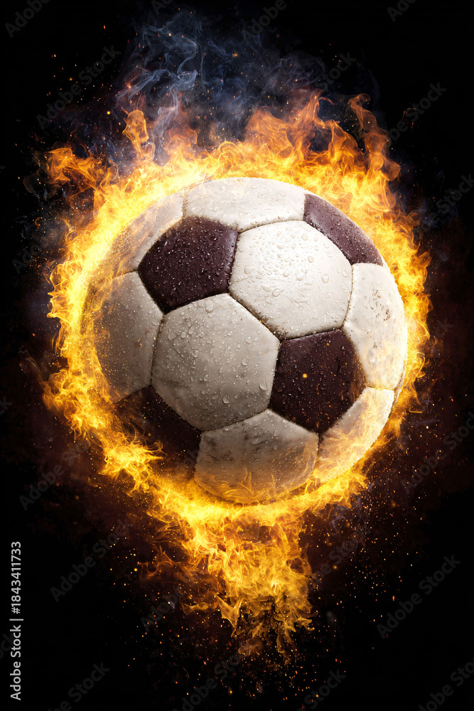 Fototapeta premium Soccer ball engulfed in dramatic flames and fire with explosive energy effect