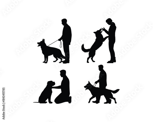 Bulldog silhouettes, Husky, German Shepher silhouettes, owner holding a leash, owner jogging with Husky, Husky jumping, playfull Bulldog vector illustration set collection, bulldog silhouette, husky