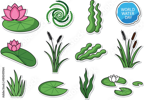 Vector Stickers of Pond Plants and Water World Day