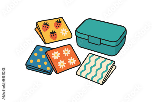 Flat vector illustration of bright reusable cloth napkins with playful patterns beside lunchbox rounded shapes clean outline clean white background