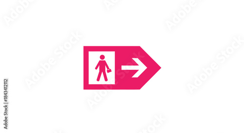 Pink sign with right arrow, icon of person holding bag, on white