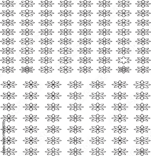 Black and white floral pattern with symmetrical petals on white background