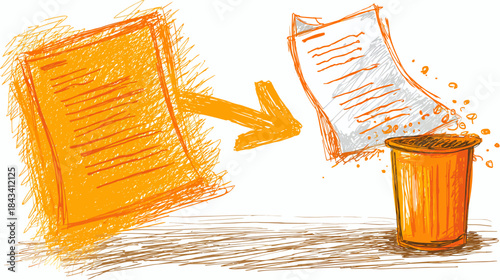 Concept of document deletion, file disposal, or data removal process. An orange paper transforming into a crumpled sheet in a trash can.
