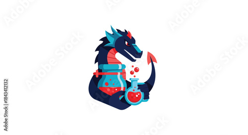 Cartoon dragon brews potion, flask in hand, colorful flat design