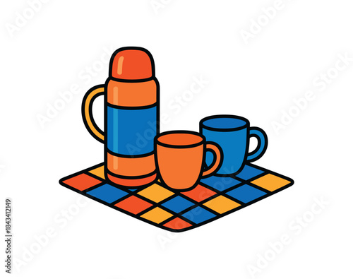 Flat vector illustration of colorful thermos and cups set on checkered cloth vivid pattern rounded shapes clean outline clean white background