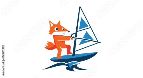 Fox windsurfing on a blue board, waves below, simple design