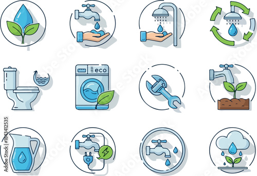Water Conservation Icons Set  Eco-Friendly Living & Resource Management