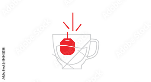 Simple line drawing of a glass cup with a red tea bag infusing and steam