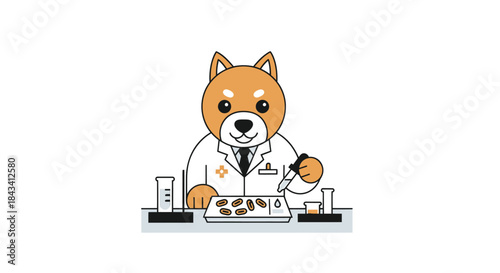 Cartoon dog scientist with lab coat and pipette
