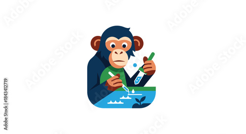 Cartoon monkey, flat vector, doing science with water and tubes