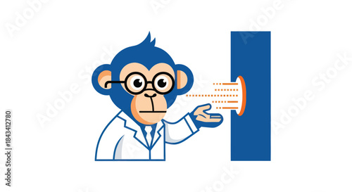 Cartoon monkey scientist presenting data via hole