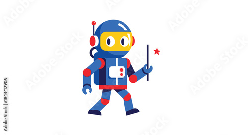 Cartoon astronaut, blue with red accents, holds a wand with a star
