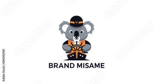 Cartoon koala wearing cap and vest steers a ship