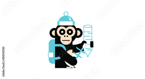 Cartoon ape with a backpack and scientific instruments