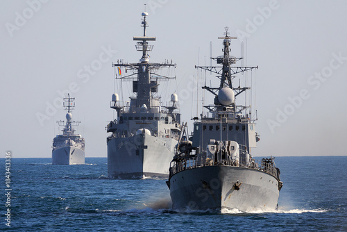 Formation of warships in the Black Sea during a peacekeeping operation. Тhree battleships in action.