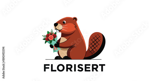 Cartoon-style beaver holds a bouquet of roses, standing above text