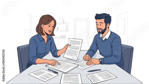 Illustration of a man and woman sitting at a table reviewing documents with papers and pens on a plain white background.